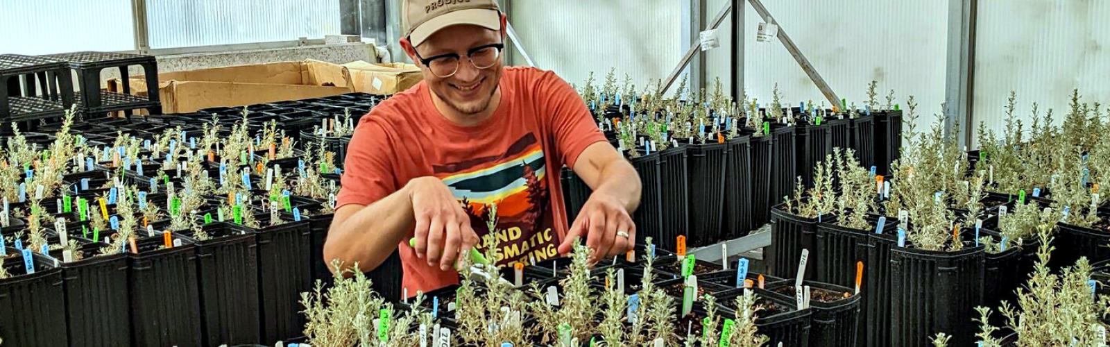 Student, Trey Harris, in GEM3 greenhouse 